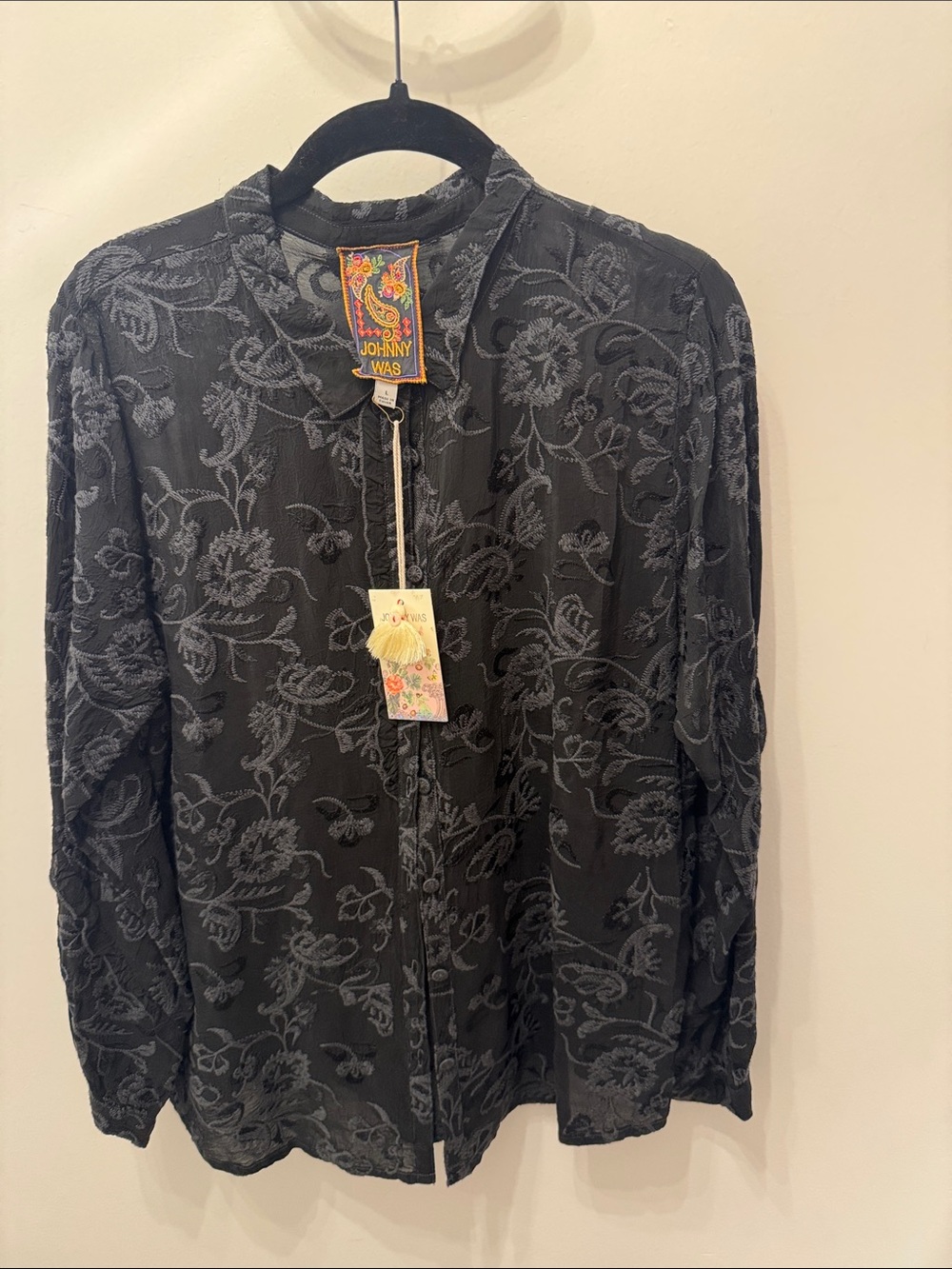 Johnny Was Black Floral Jacquard Button-Down Shirt